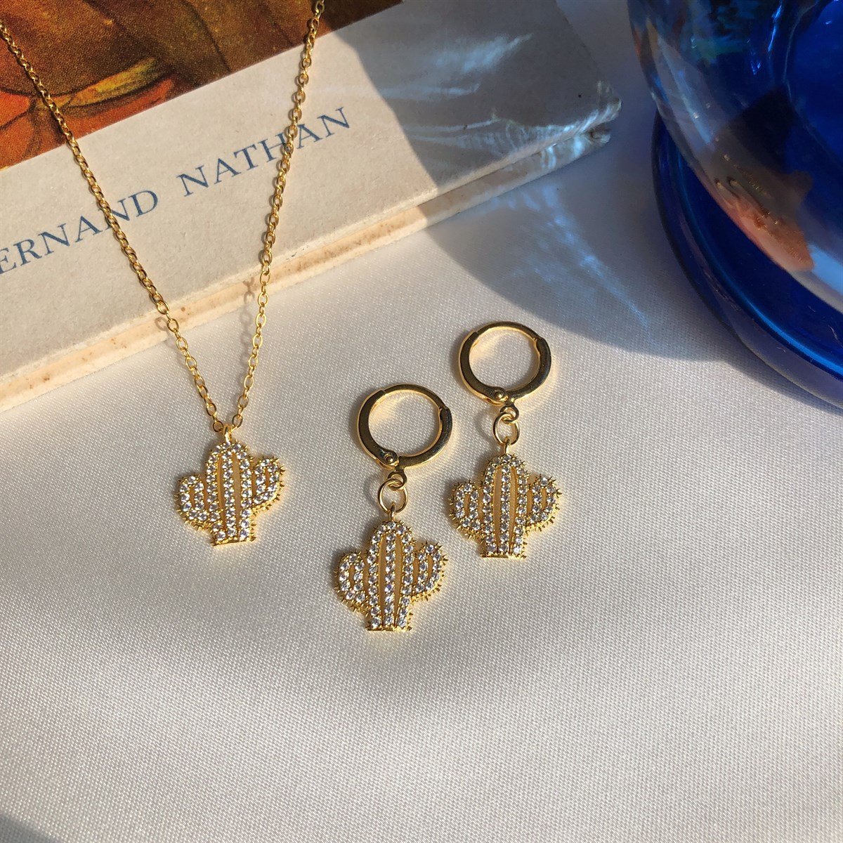 Taşlı Kaktüs Kolye & Küpe Seti