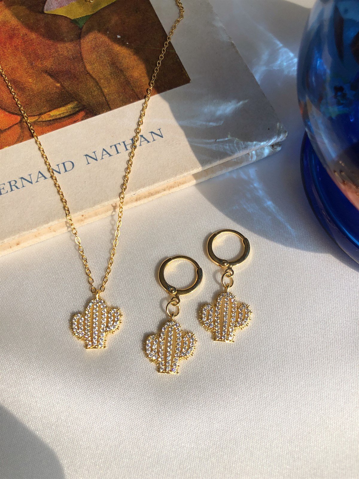 Taşlı Kaktüs Kolye & Küpe Seti