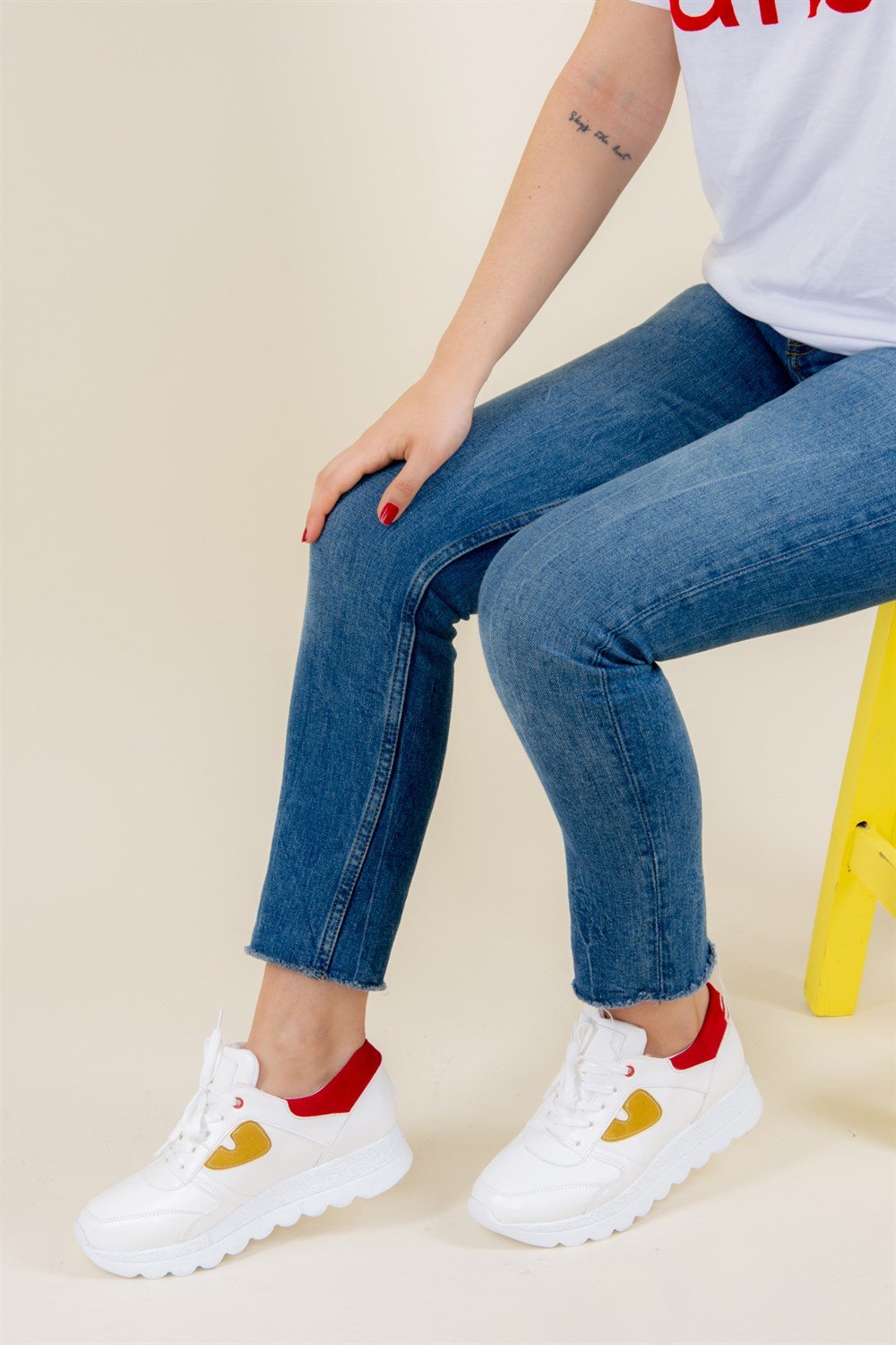 Beyaz/Kırmızı/Hardal Kadın Sneakers F674018709