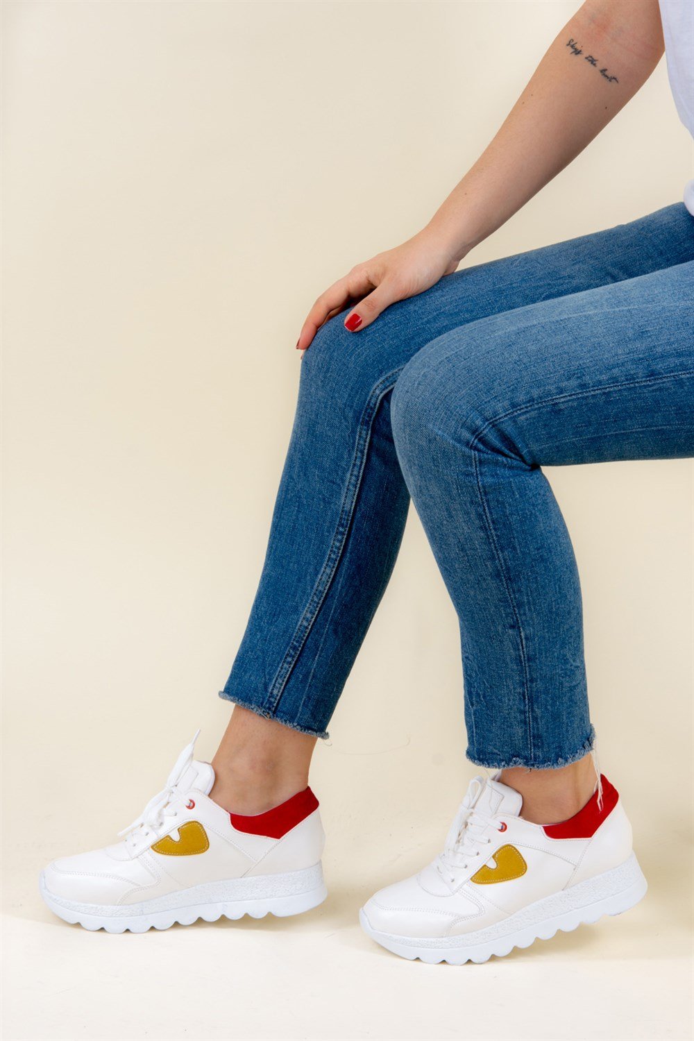 Beyaz/Kırmızı/Hardal Kadın Sneakers F674018709