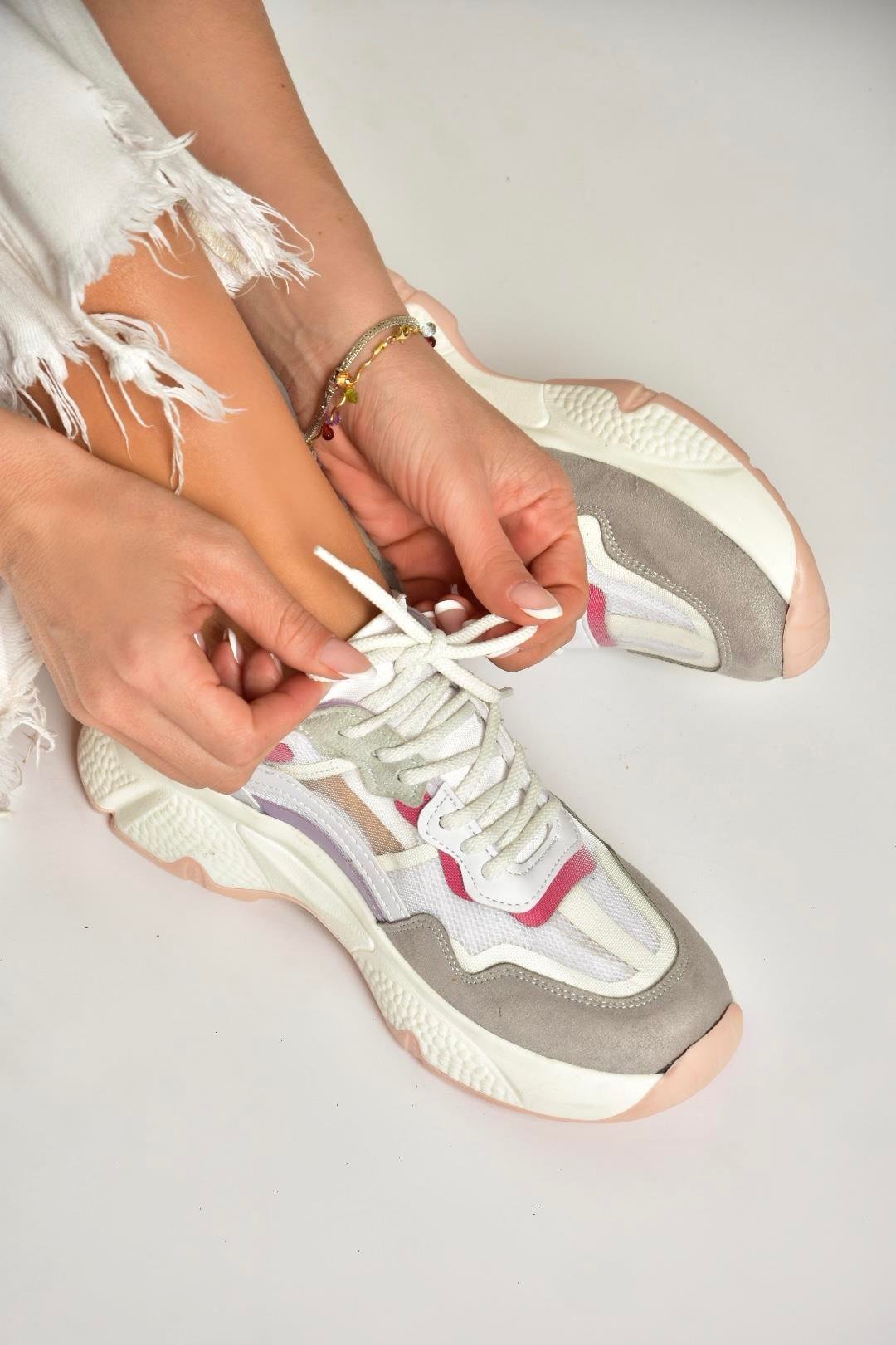 Beyaz/Lila Kalın Tabanlı Spor Ayakkabı Sneakers
