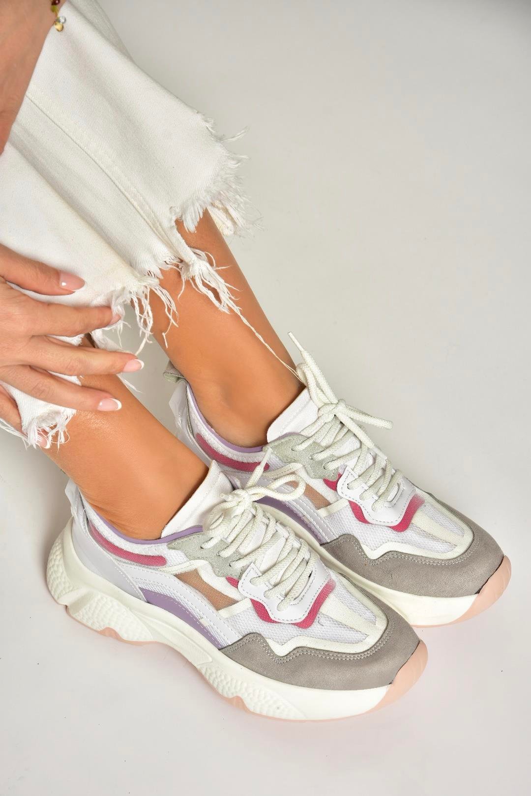 Beyaz/Lila Kalın Tabanlı Spor Ayakkabı Sneakers