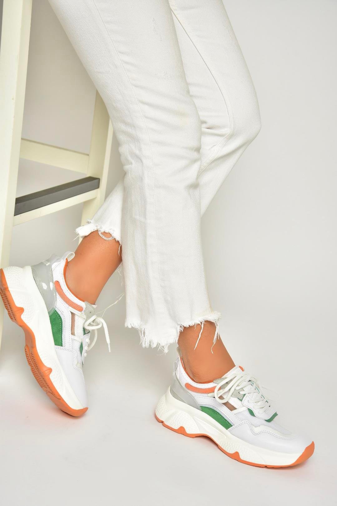 Beyaz/Turuncu Kalın Tabanlı Spor Ayakkabı Sneakers