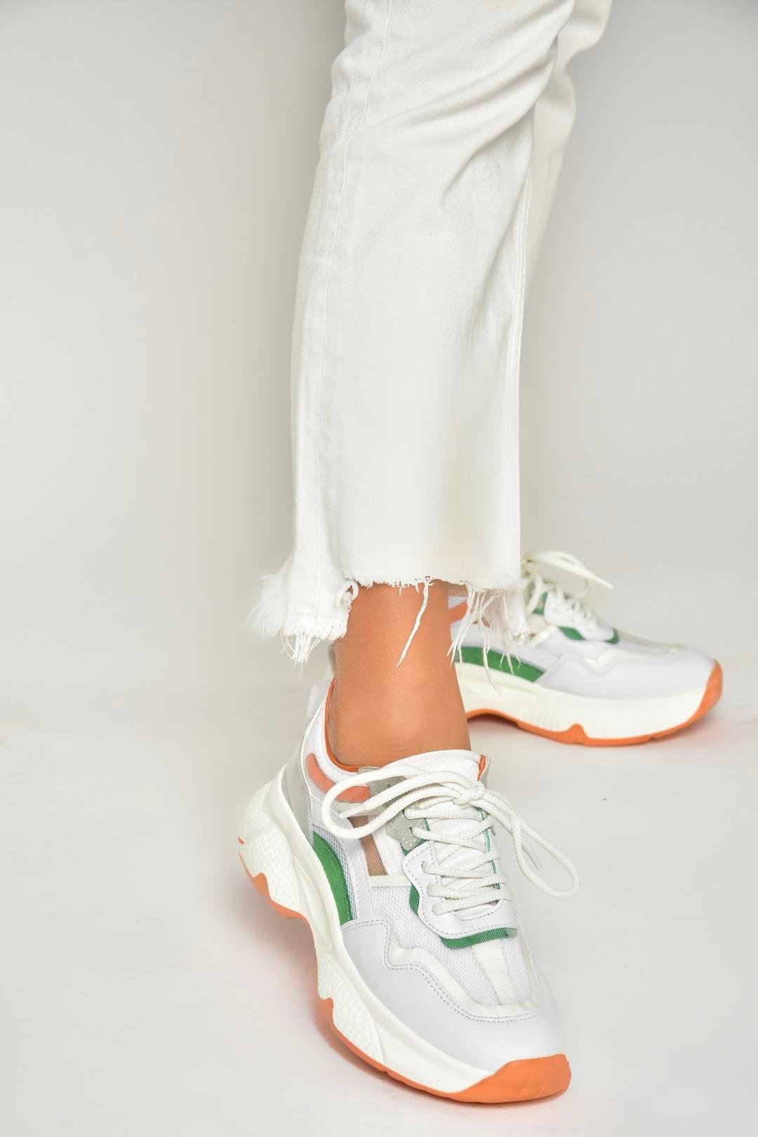 Beyaz/Turuncu Kalın Tabanlı Spor Ayakkabı Sneakers