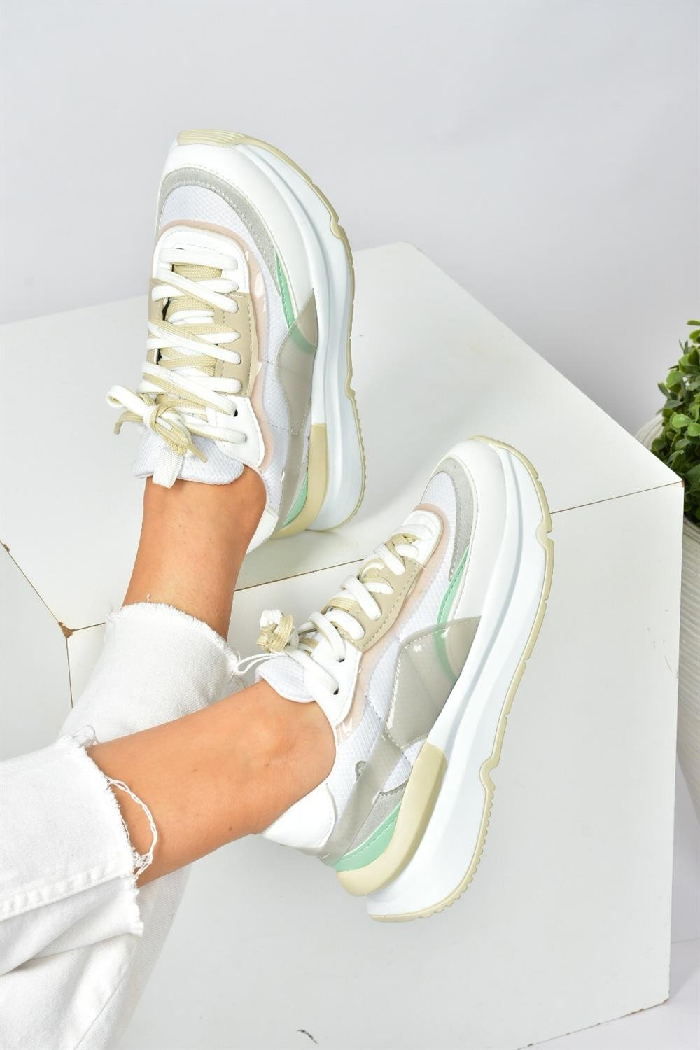 Beyaz/Yeşil Kumaş Günlük Sneaker Spor Ayakkabı P973416004