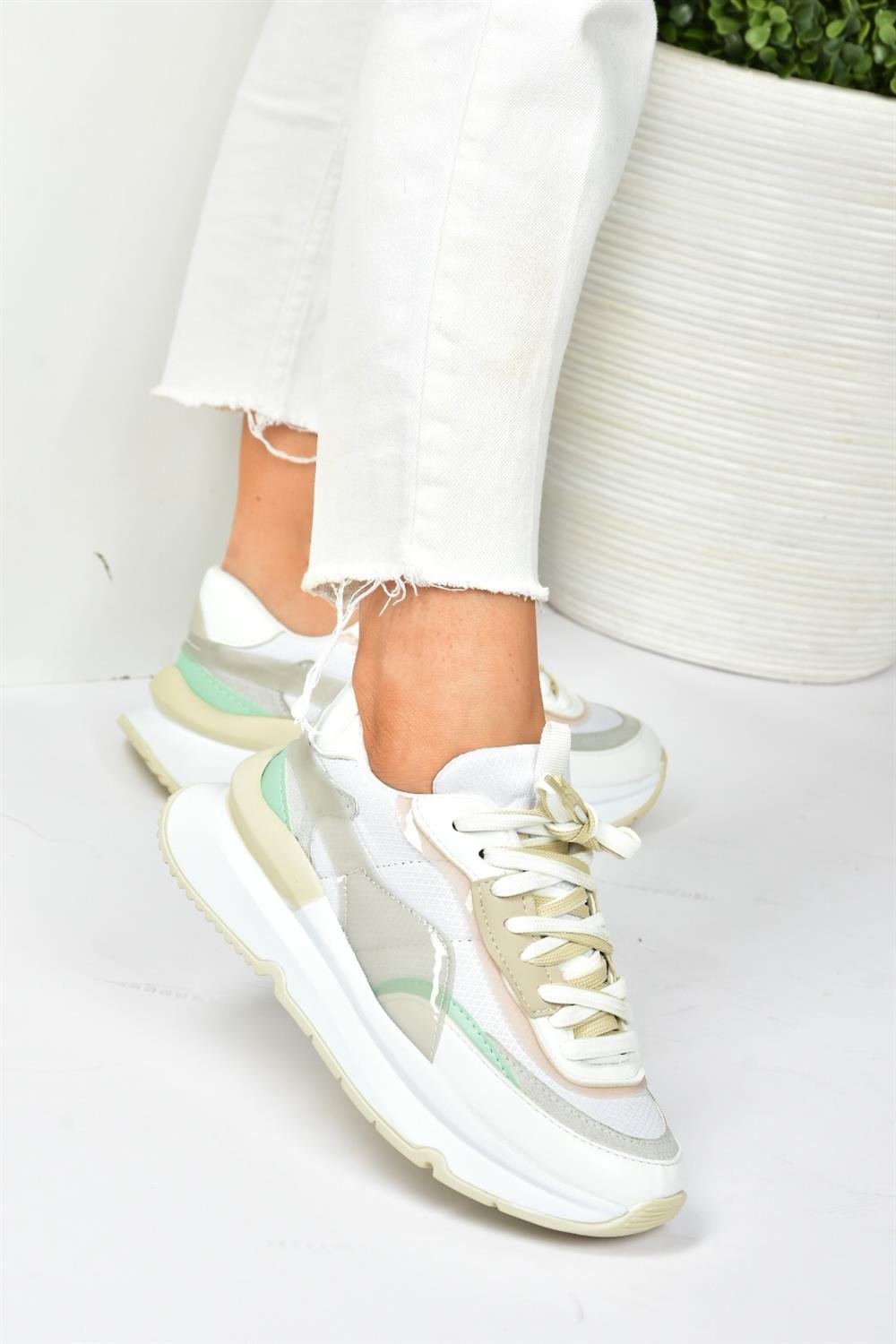 Beyaz/Yeşil Kumaş Günlük Sneaker Spor Ayakkabı P973416004