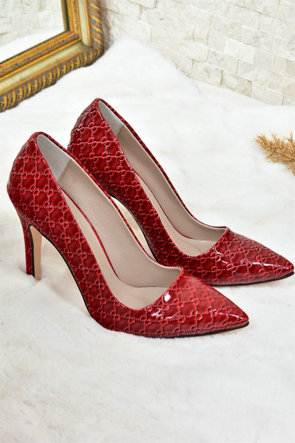 Bordo Rugan Baskı Kadın İnce Topuklu Stiletto L253971524