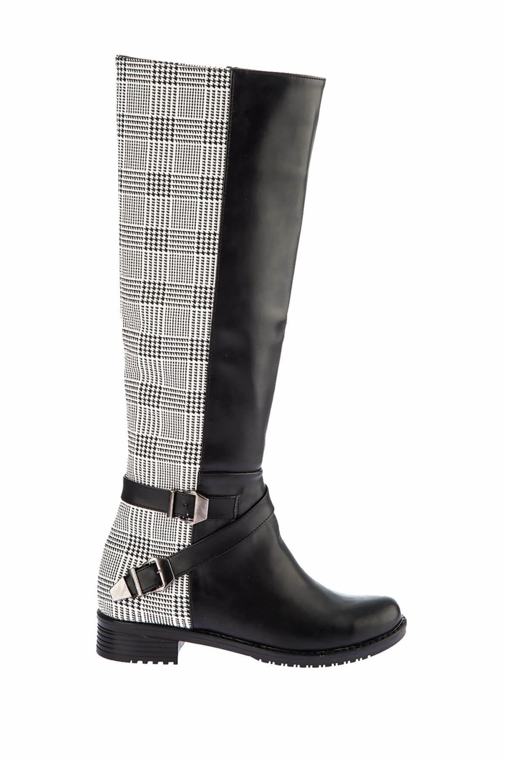 Fox Shoes Beyaz Siyah Ekose Suni Deri Kadın Çizme E726203409