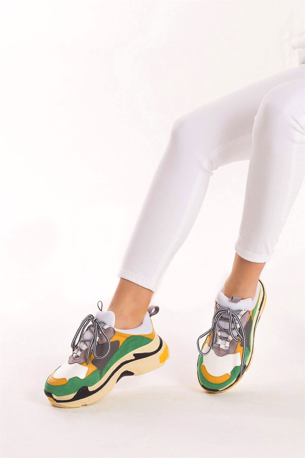 Fox Shoes Yeşil/Sarı/Beyaz Kadın Sneakers D592410102