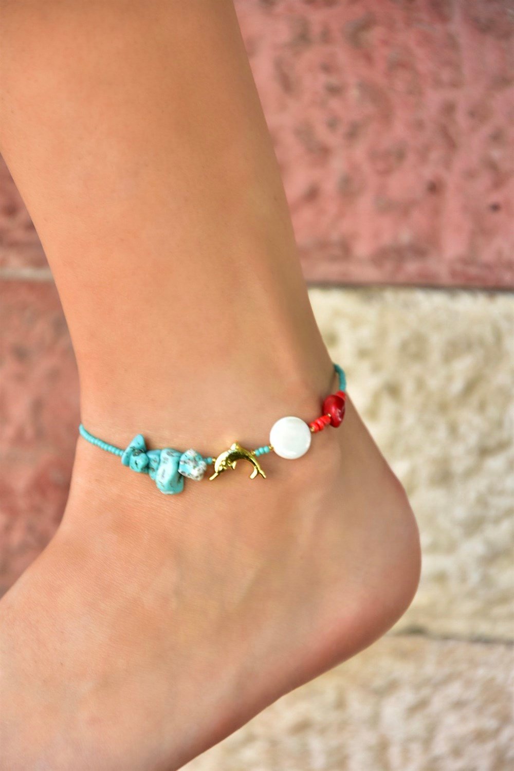 Gold Yunus Uçlu Sedef Detaylı Turkuaz Boncuk Halhal KA011208