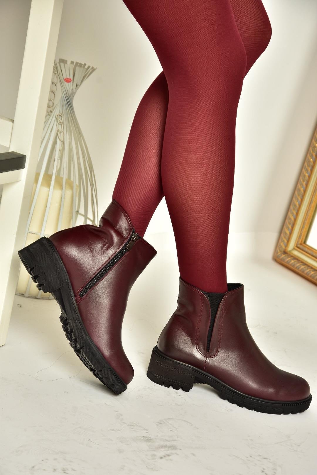 J654011903 Bordo Hakiki Deri Kadın Bot