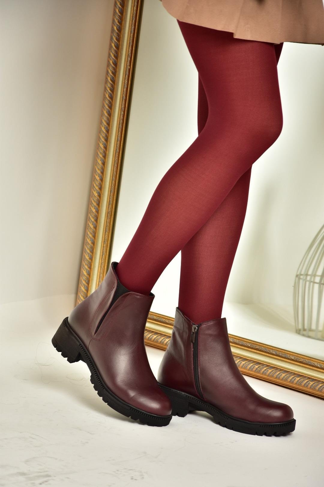 J654011903 Bordo Hakiki Deri Kadın Bot
