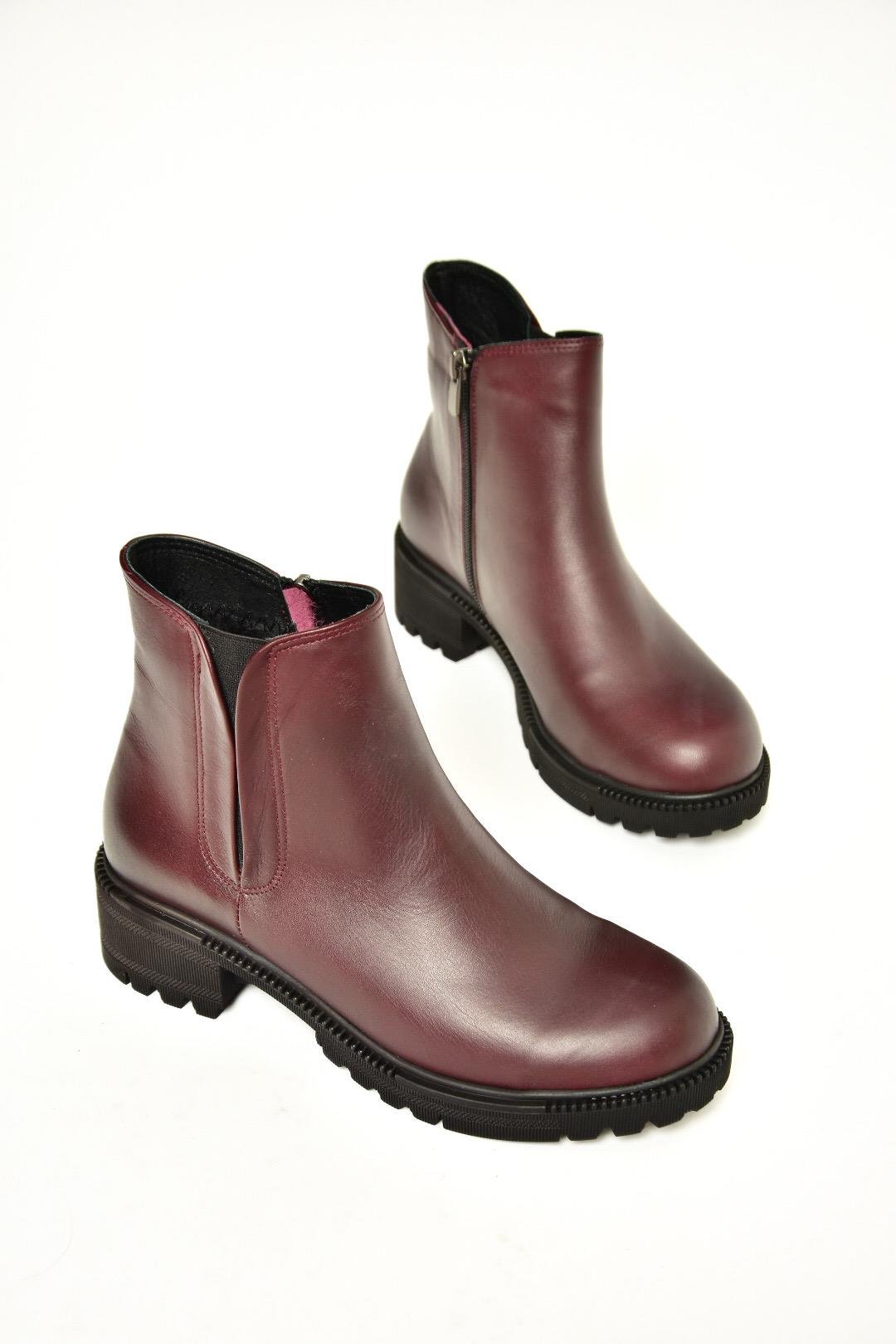 J654011903 Bordo Hakiki Deri Kadın Bot
