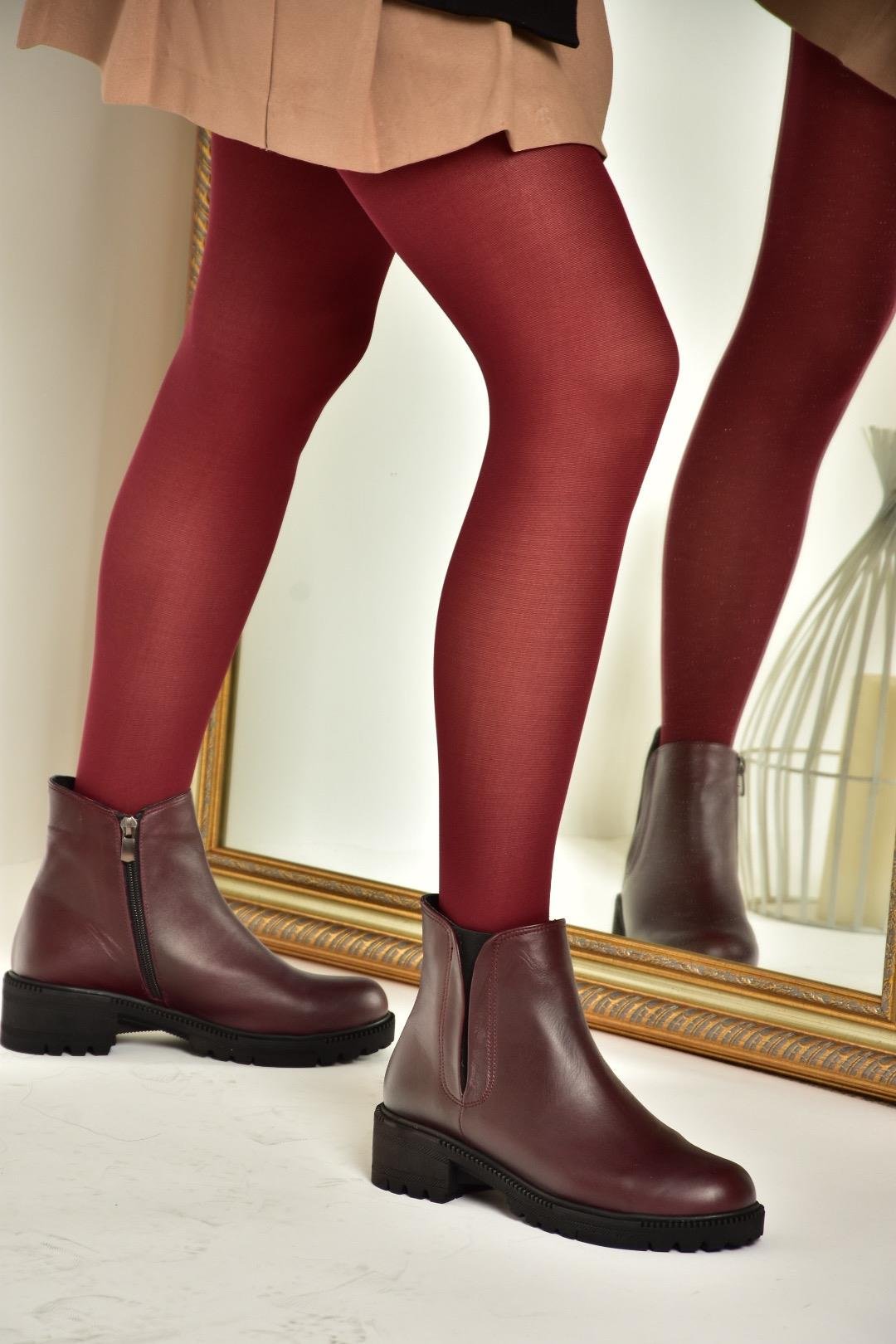 J654011903 Bordo Hakiki Deri Kadın Bot