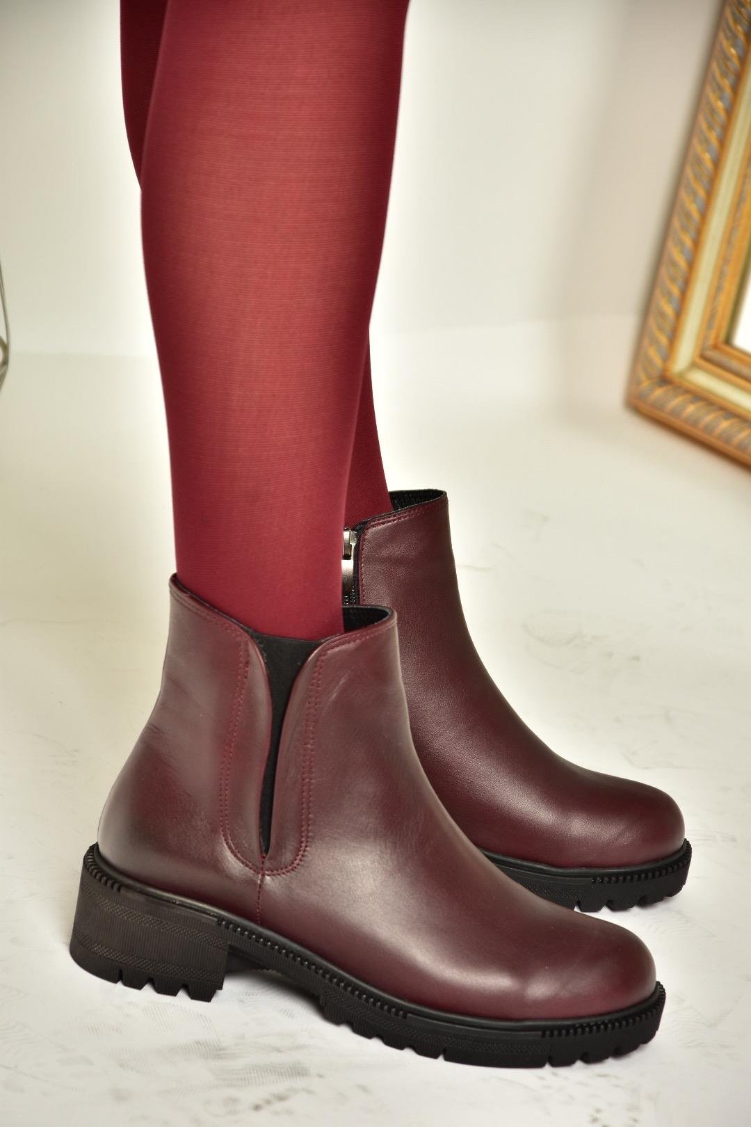 J654011903 Bordo Hakiki Deri Kadın Bot