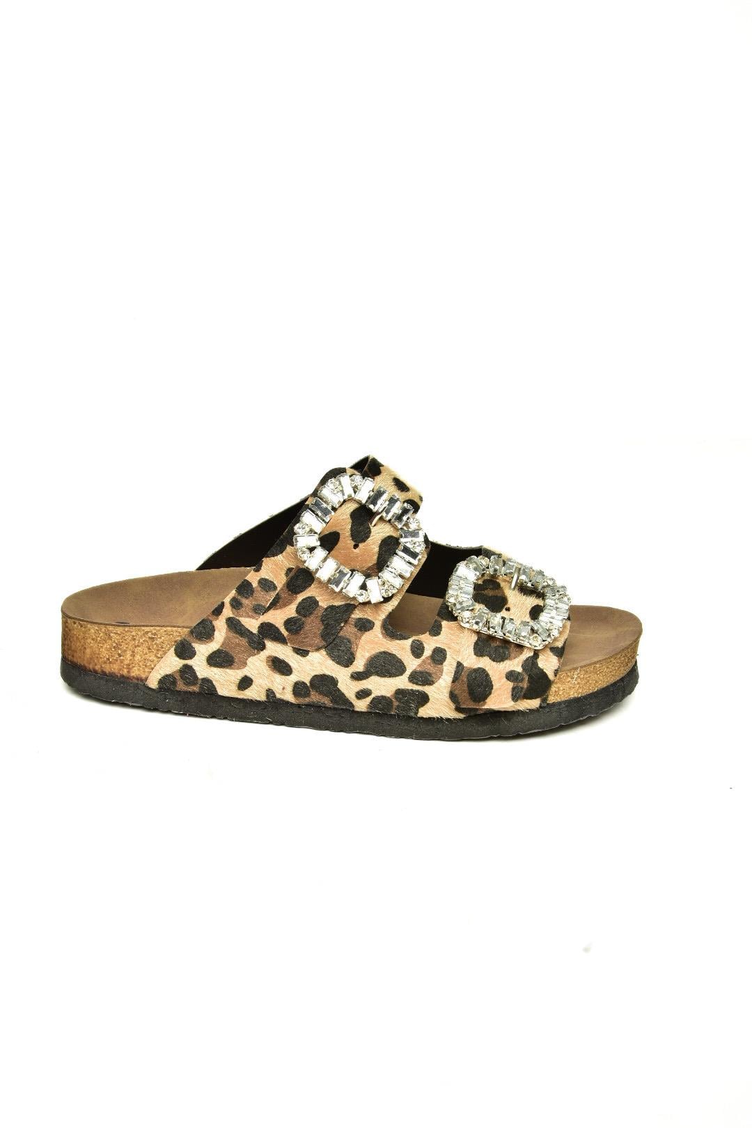 K777604802 Leopar Süet Çift Tokalı Taşlı Kadın Terlik