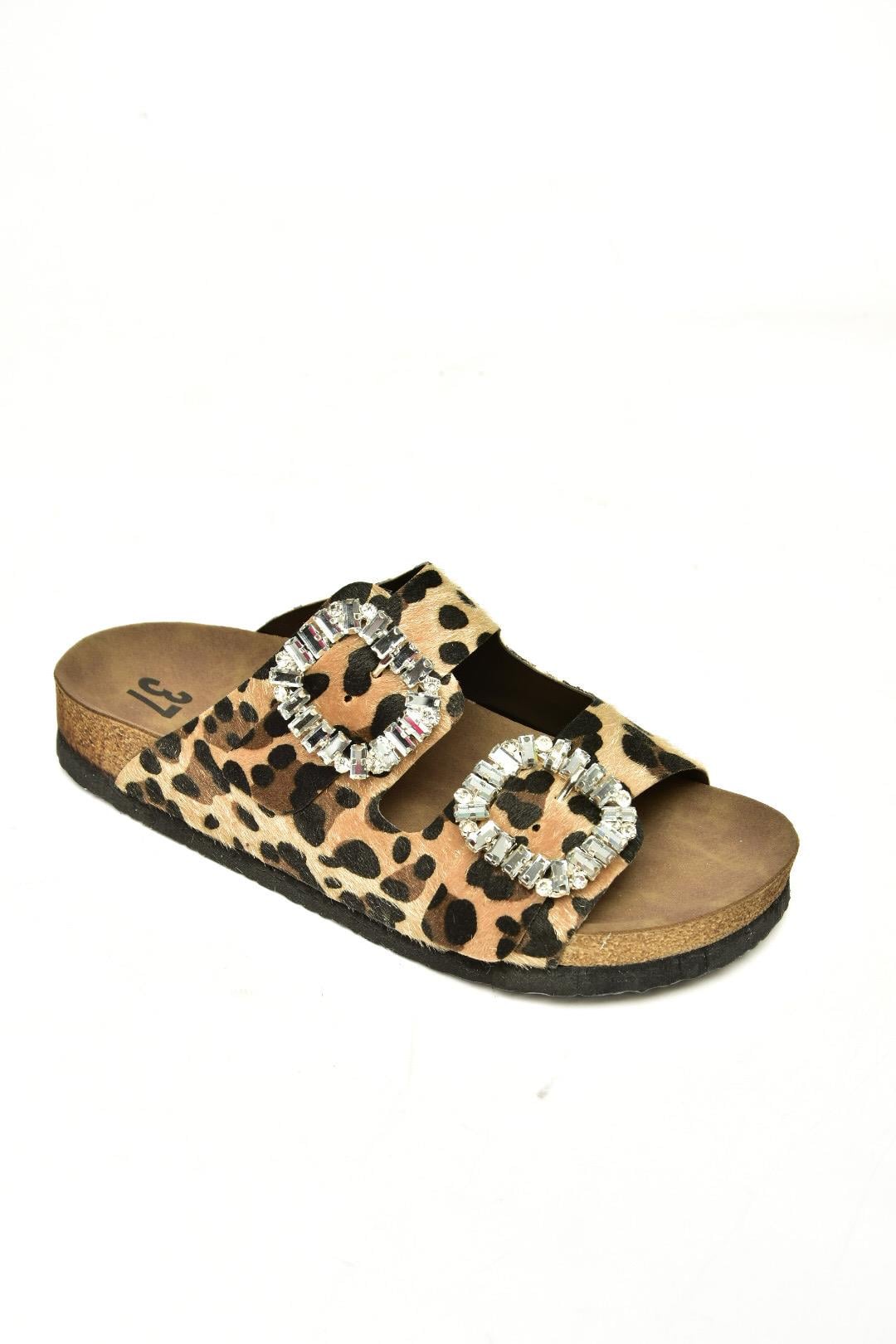 K777604802 Leopar Süet Çift Tokalı Taşlı Kadın Terlik