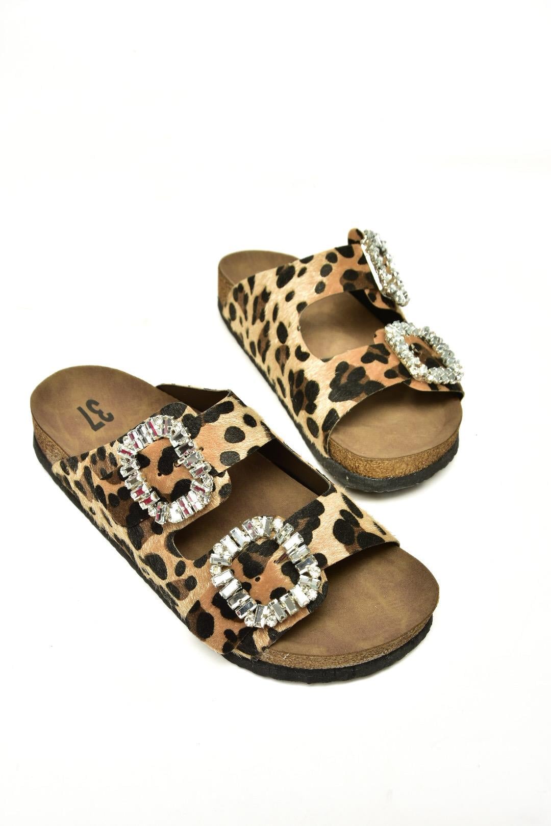 K777604802 Leopar Süet Çift Tokalı Taşlı Kadın Terlik