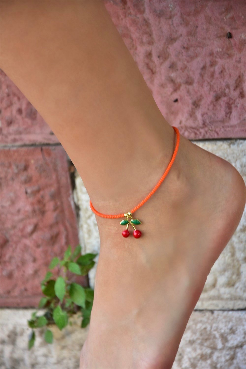 Kiraz Uçlu Turuncu Kum Boncuk Halhal KA011202