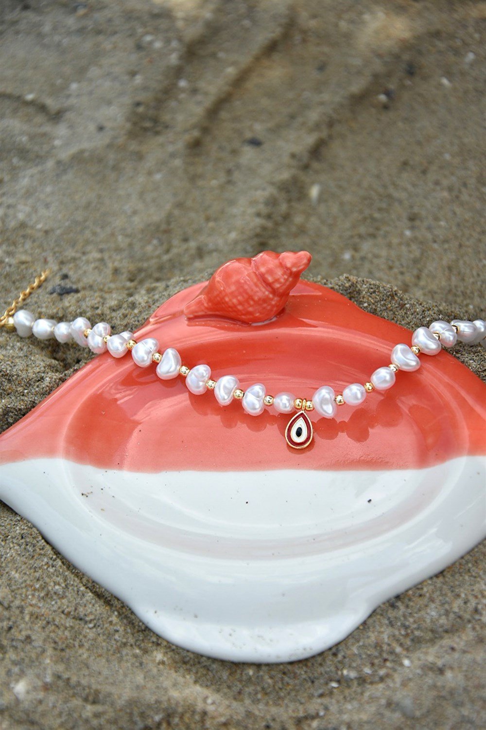 Kırmızı İnci Oval Nazar Boncuklu Halhal KA011011