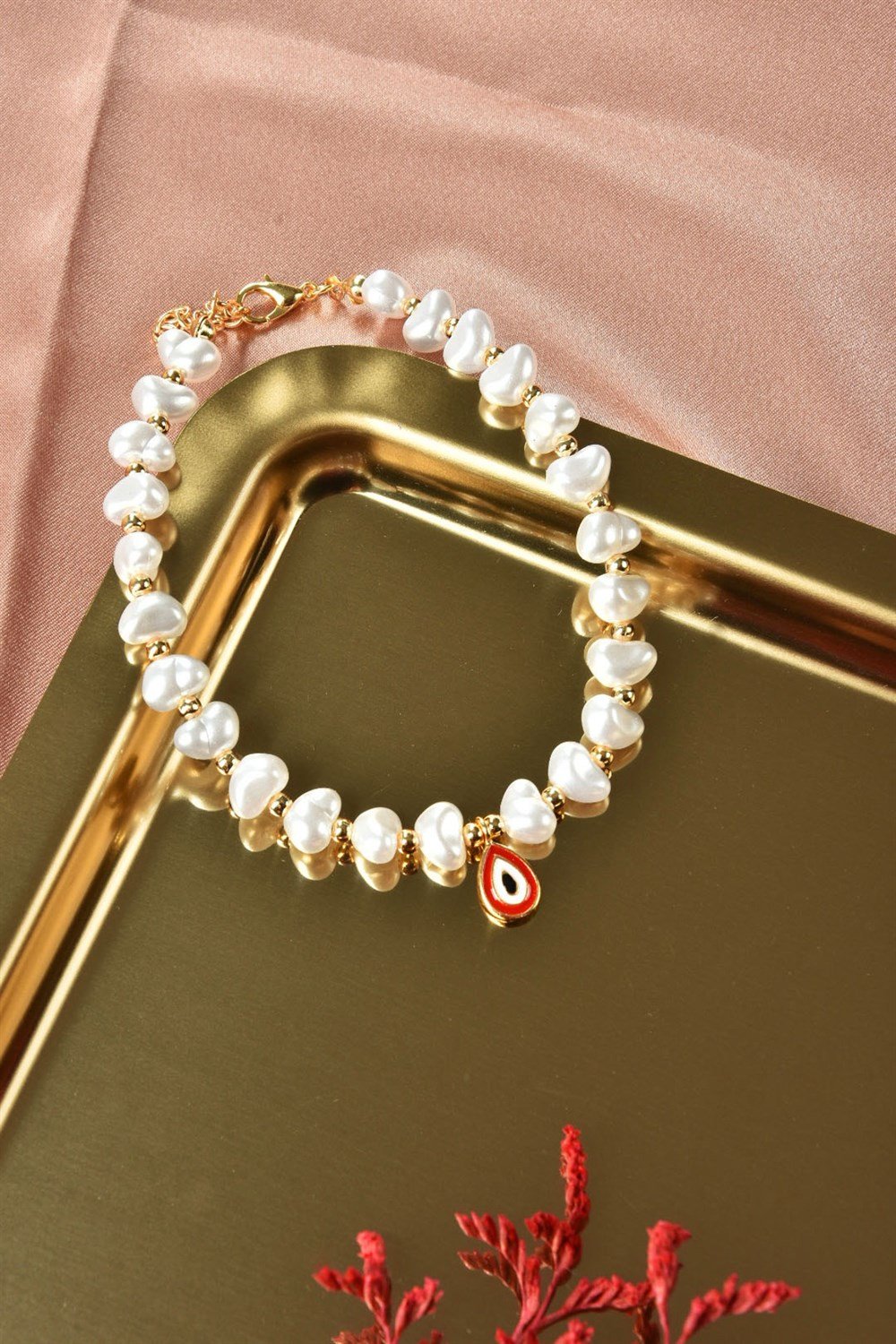 Kırmızı İnci Oval Nazar Boncuklu Halhal KA011011