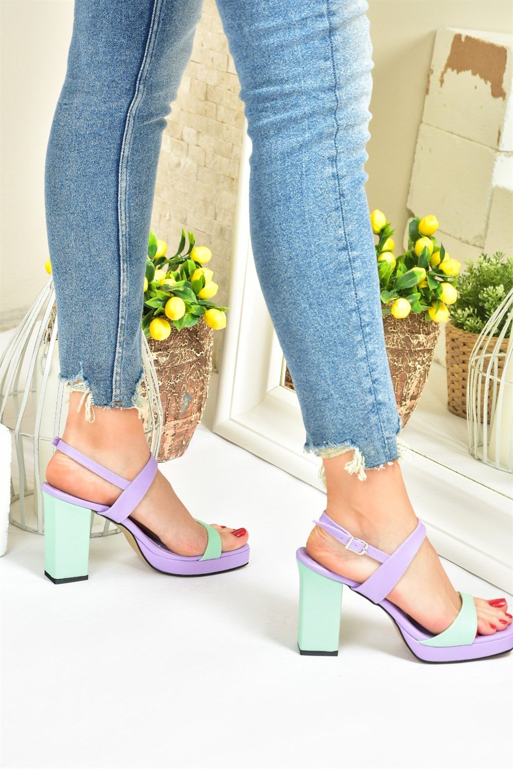 Lila/Yeşil Kalın Platform Topuklu Kadın Ayakkabı M282062309
