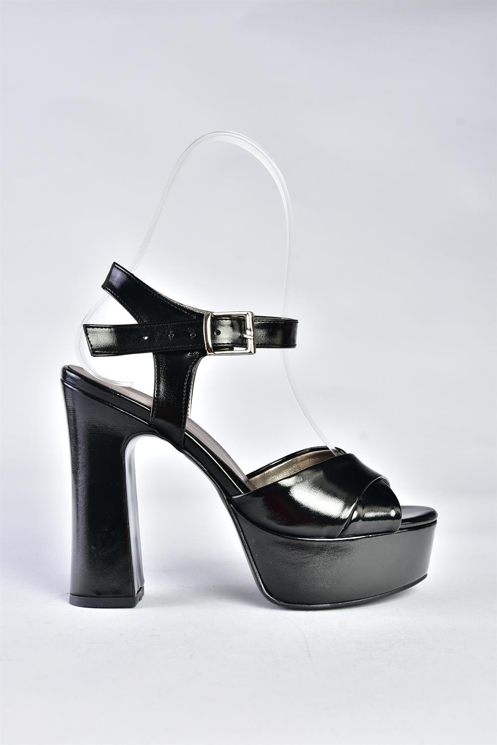 M348202459 Siyah Metalik Platform Topuklu Kadın Abiye Ayakkabı 
