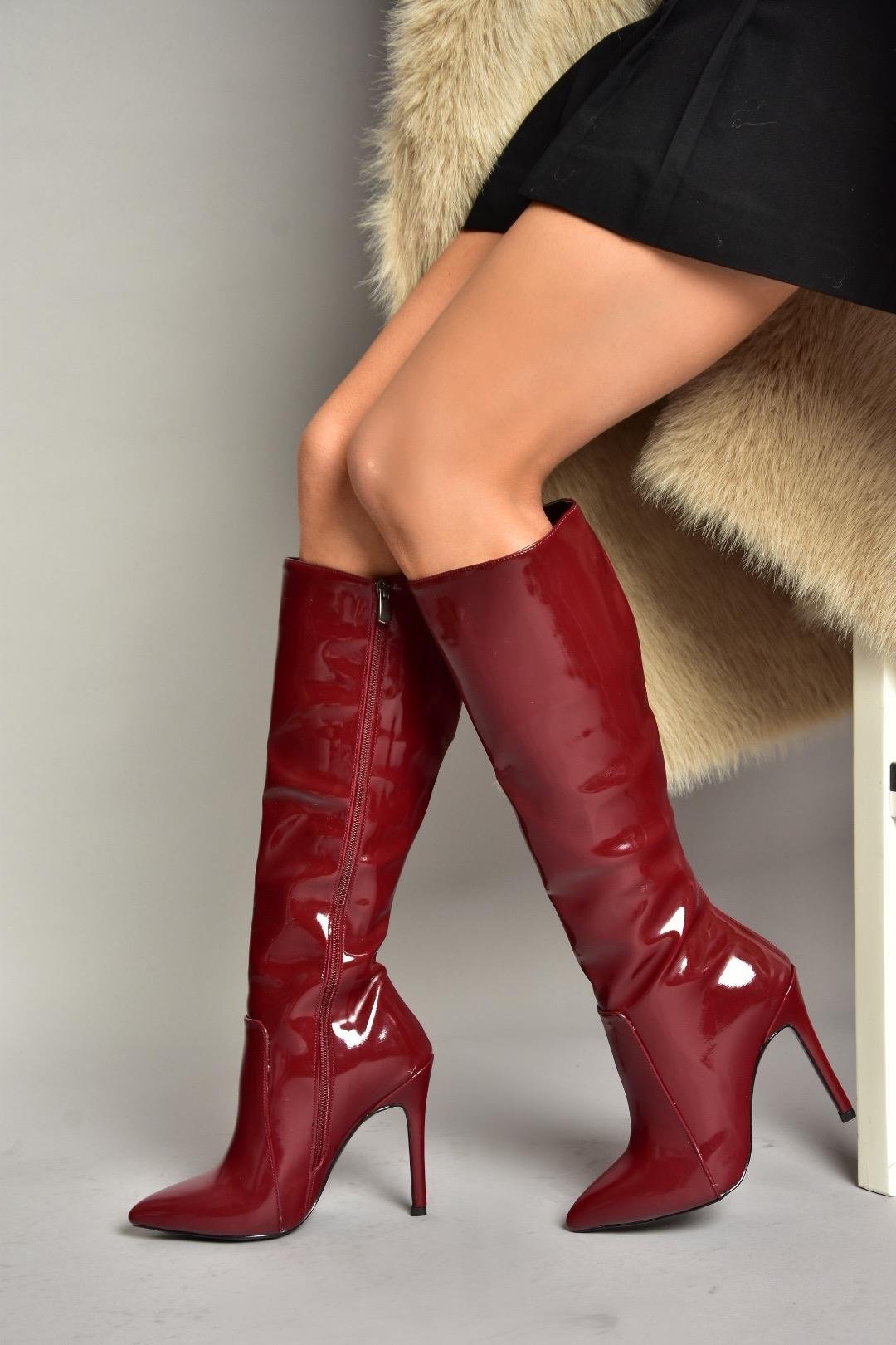 N372530108 Bordo Rugan İnce Topuklu Sivri Burun Kadın Çizme