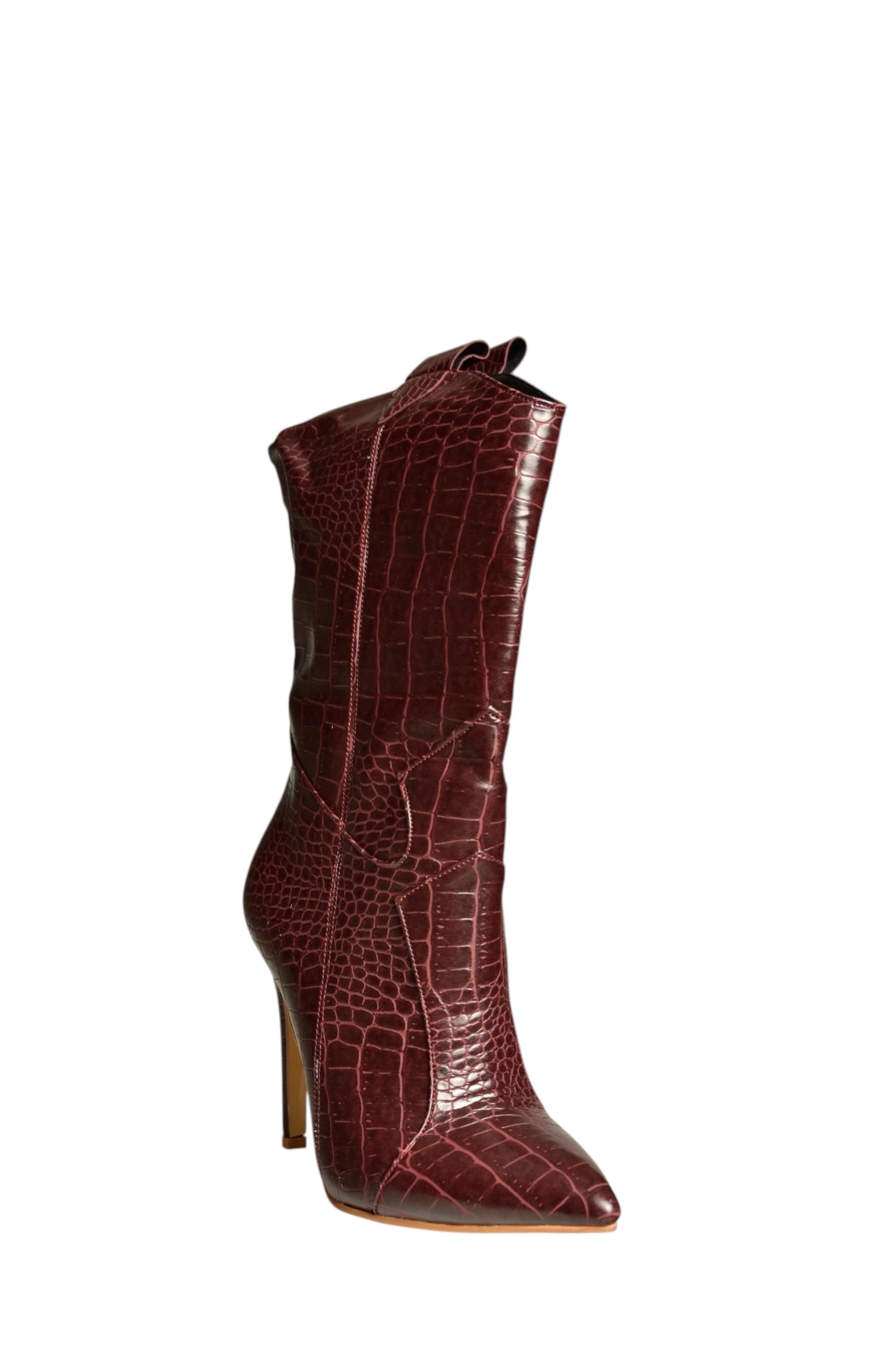 N372677511 Bordo Kroko Baskı İnce Topuklu Kadın Bot