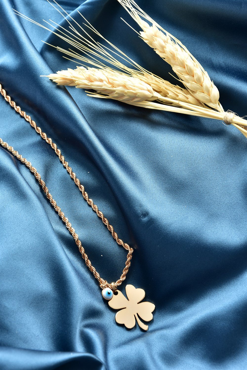 Nazar Boncuk Detaylı Büyük Yonca Uçlu Gold Burgu Zincir Kolye KA061250