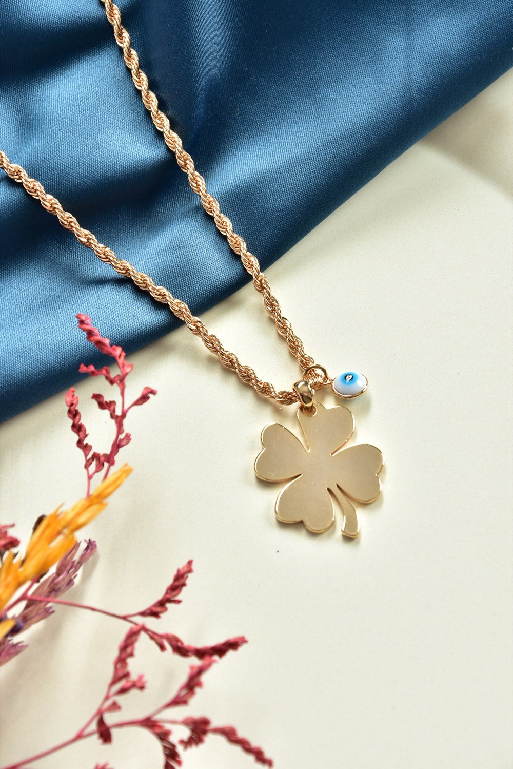 Nazar Boncuk Detaylı Büyük Yonca Uçlu Gold Burgu Zincir Kolye KA061250