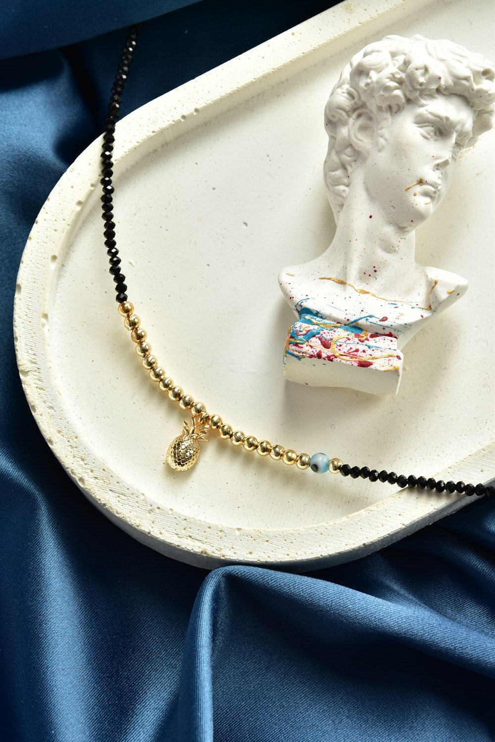 Nazar Boncuk Detaylı Gold Ananas Uçlu Siyah Kum Boncuk Halhal KA071259