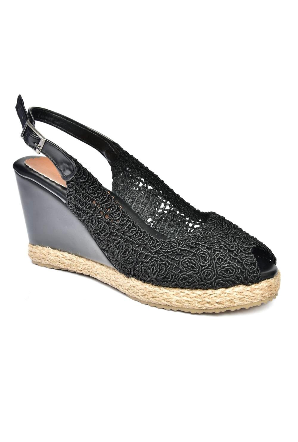 P241011606 Siyah Dantel Dolgu Topuklu Kadın Ayakkabı