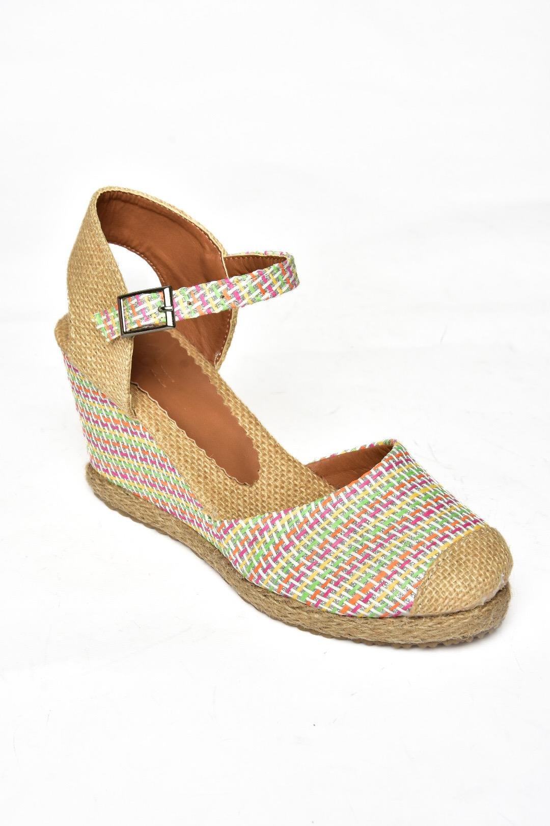 P241612004 Renkli Kumaş Dolgu Topuklu Kadın Ayakkabı