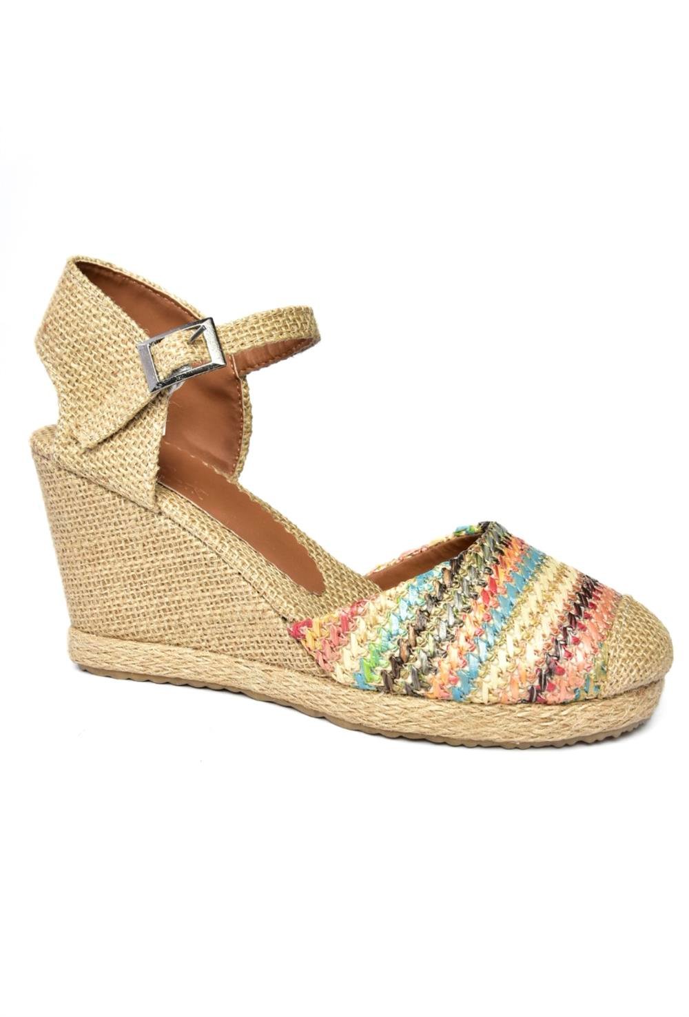 P241612017 Renkli Hasır Dolgu Topuklu Kadın Ayakkabı