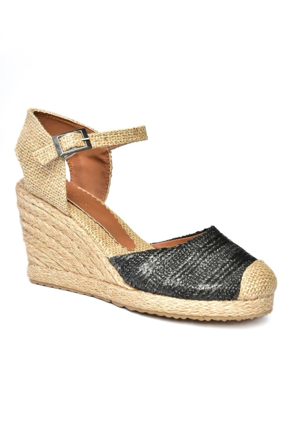 P241612017 Siyah Hasır Dolgu Topuklu Kadın Ayakkabı