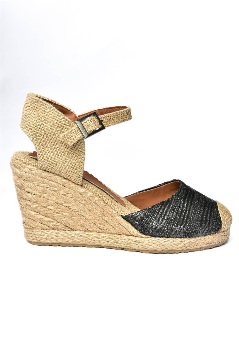 P241612017 Siyah Hasır Dolgu Topuklu Kadın Ayakkabı