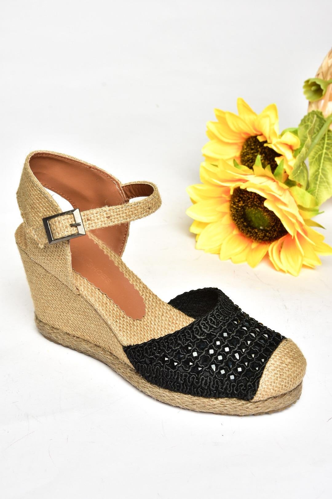 P241612040 Siyah Taşlı Dolgu Topuklu Kadın Ayakkabı