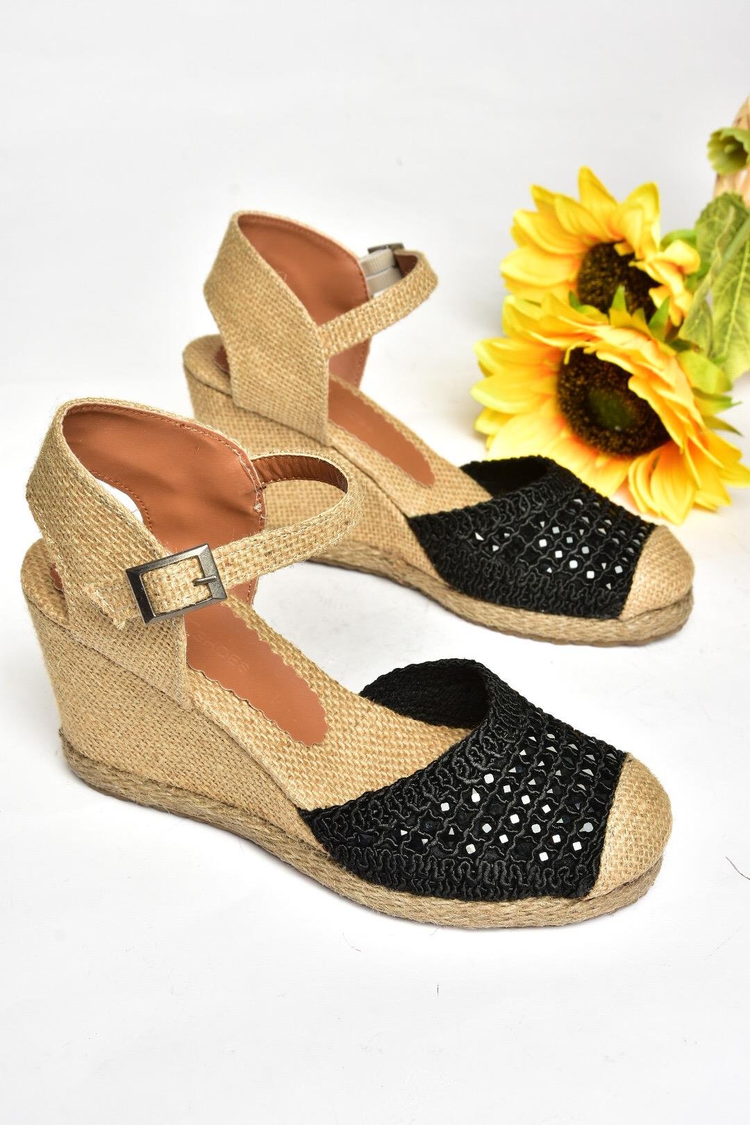 P241612040 Siyah Taşlı Dolgu Topuklu Kadın Ayakkabı