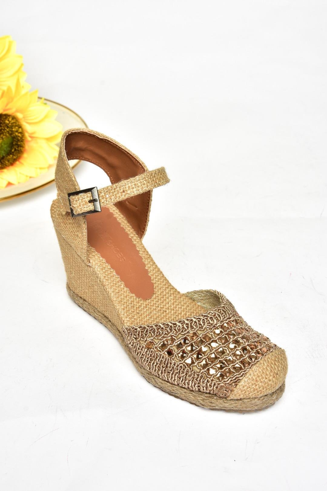 P241612040 Taba Taşlı Dolgu Topuklu Kadın Ayakkabı