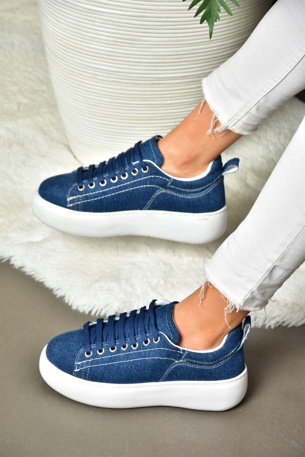 P404004210 Lacivert Kot Kumaş Kadın Spor Ayakkabı Sneakers