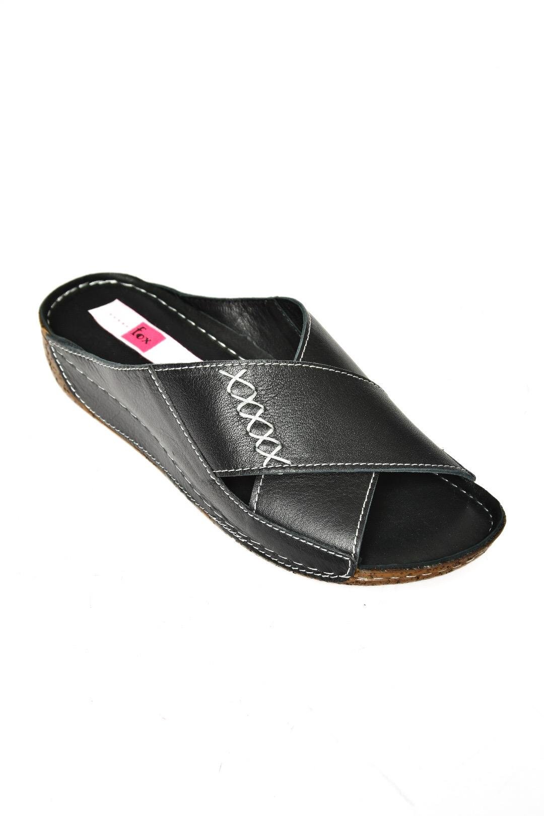P555091203 Siyah Hakiki Deri Comfort Ortopedik Taban Kadın Terlik