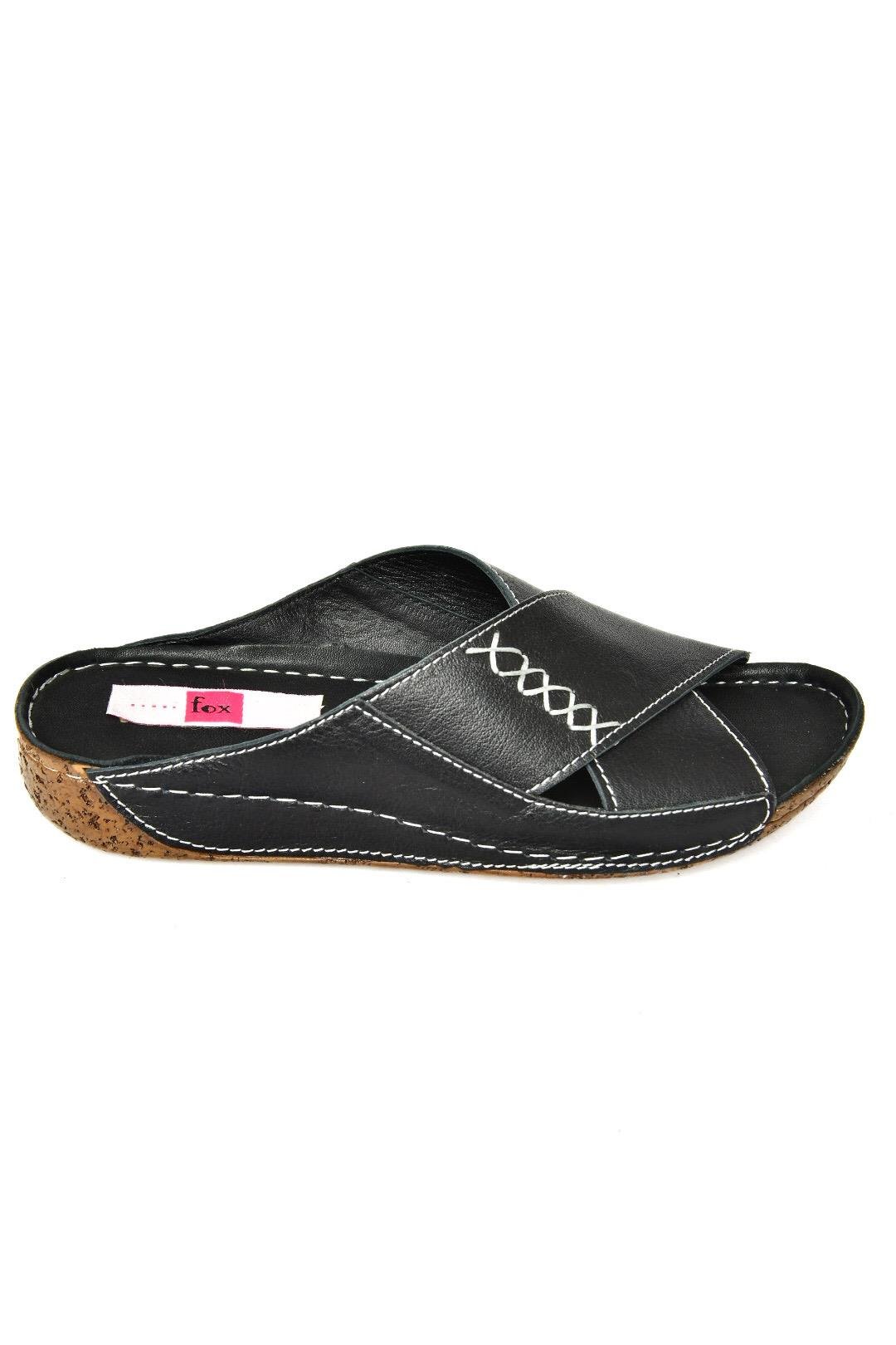P555091203 Siyah Hakiki Deri Comfort Ortopedik Taban Kadın Terlik