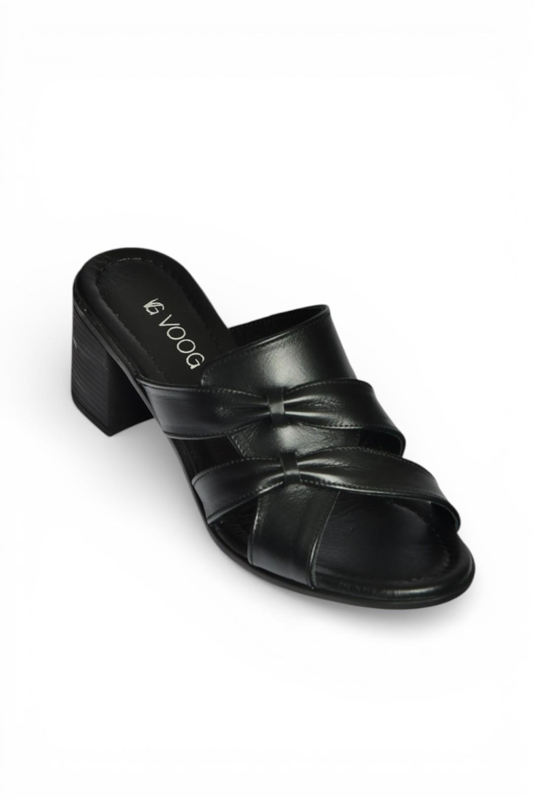 P555455803 Siyah Hakiki Deri Kalın Topuklu Kadın Terlik