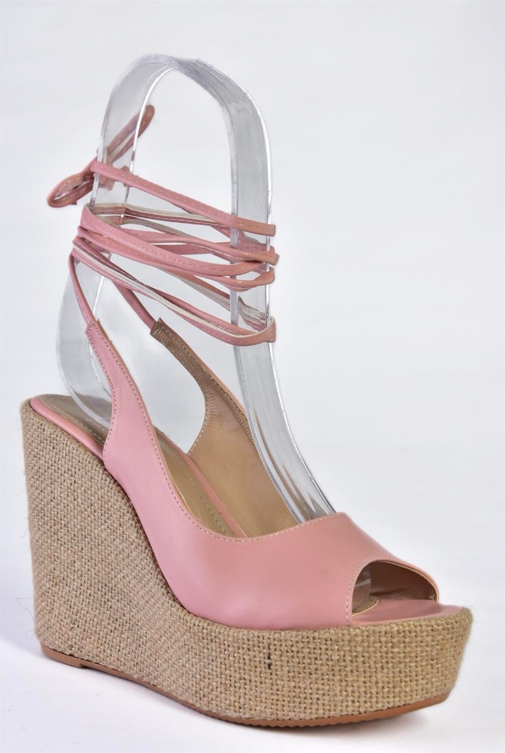 P572180809 Pudra Bilek Bağlamalı Dolgu Topuklu Kadın Ayakkabı