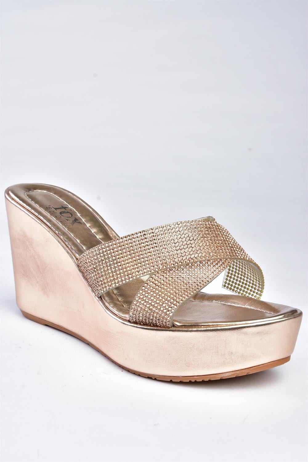 P572282159 Bronz Metalik Taş Detaylı Dolgu Topuklu Kadın Terlik