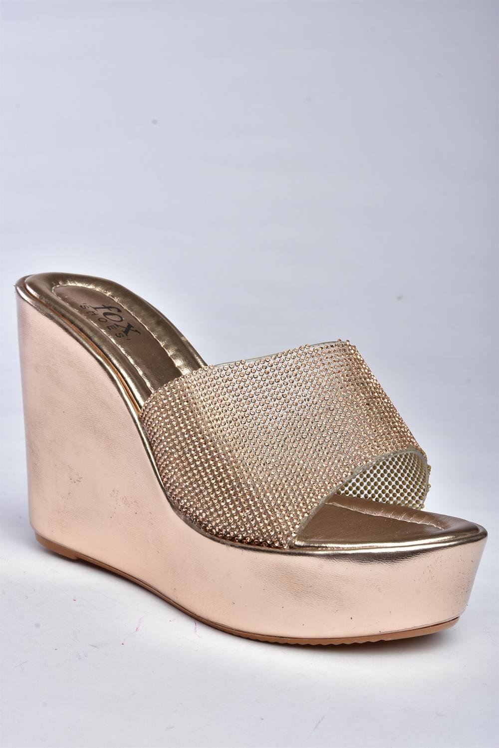 P572283059 Bronz Metalik Taş Detaylı Dolgu Topuklu Kadın Terlik