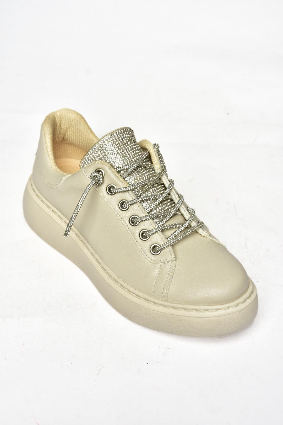 P602001709 Bej Taşlı Bağcıklı Kadın Spor Ayakkabı Sneakers