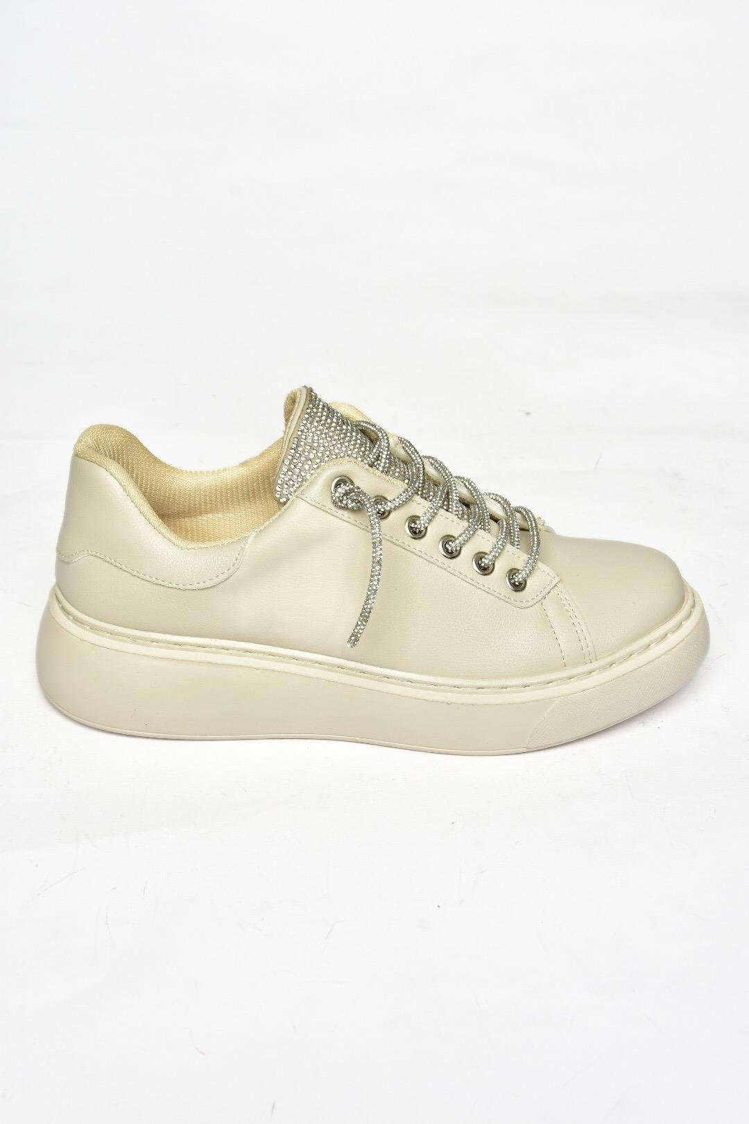 P602001709 Bej Taşlı Bağcıklı Kadın Spor Ayakkabı Sneakers