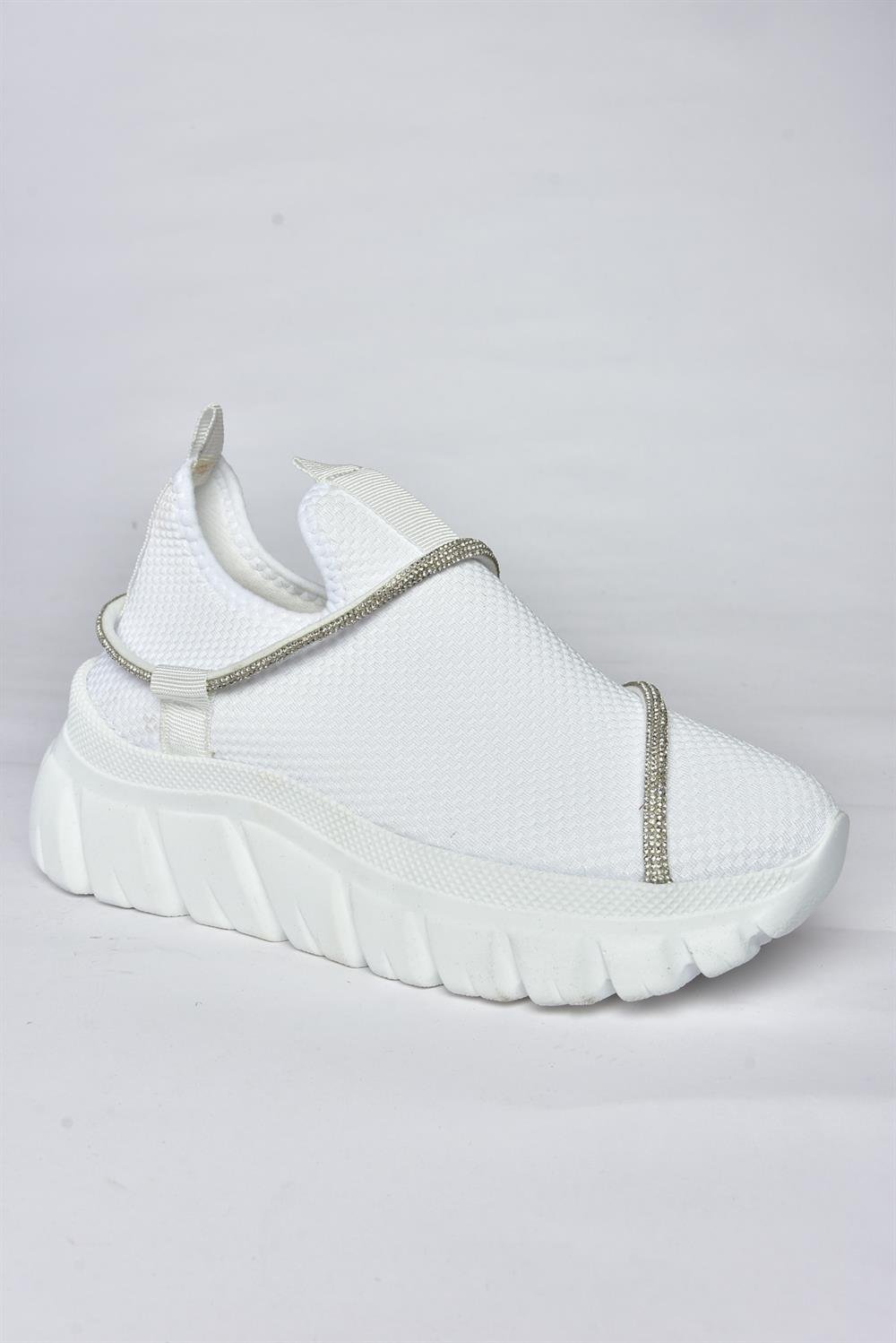 P602357504 Beyaz Triko Kumaş Sim Detaylı Kadın Spor Ayakkabı Sneakers
